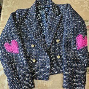 Stylish Blue Tweed Blazer with Pink Accents